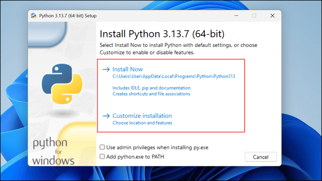 Python 安装界面 - 勾选 Add python.exe to PATH